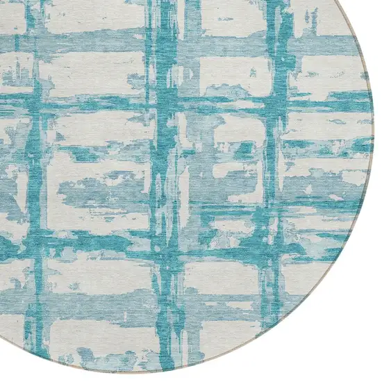 8' Teal Blue Aqua And Ivory Round Striped Washable Indoor Outdoor Area Rug Photo 4