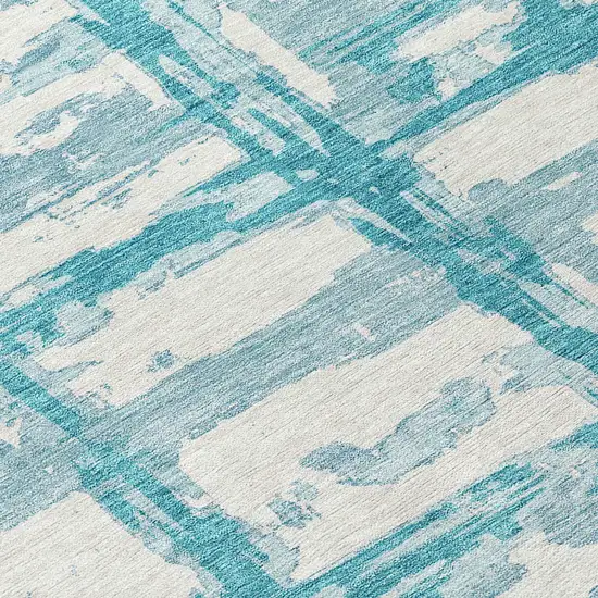 8' Teal Blue Aqua And Ivory Round Striped Washable Indoor Outdoor Area Rug Photo 9