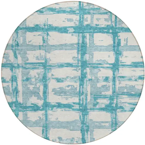 8' Teal Blue Aqua And Ivory Round Striped Washable Indoor Outdoor Area Rug Photo 1