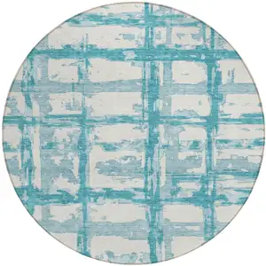 Photo of 8' Teal Blue Aqua And Ivory Round Striped Washable Indoor Outdoor Area Rug
