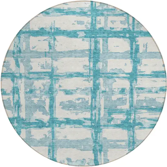 8' Teal Blue Aqua And Ivory Round Striped Washable Indoor Outdoor Area Rug Photo 1