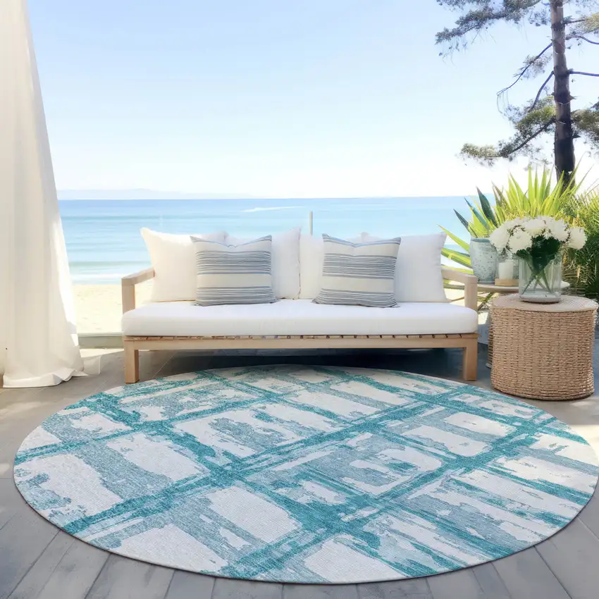 8' Teal Blue Aqua And Ivory Round Striped Washable Indoor Outdoor Area Rug Photo 6