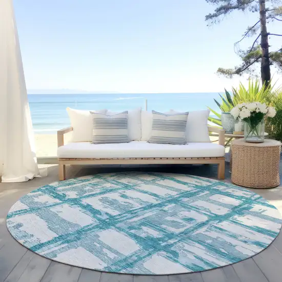 8' Teal Blue Aqua And Ivory Round Striped Washable Indoor Outdoor Area Rug Photo 6