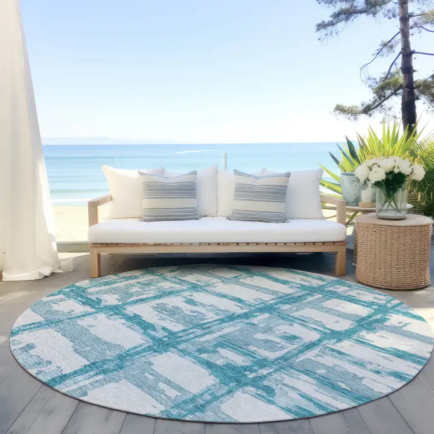 8' Teal Blue Aqua And Ivory Round Striped Washable Indoor Outdoor Area Rug Photo 6