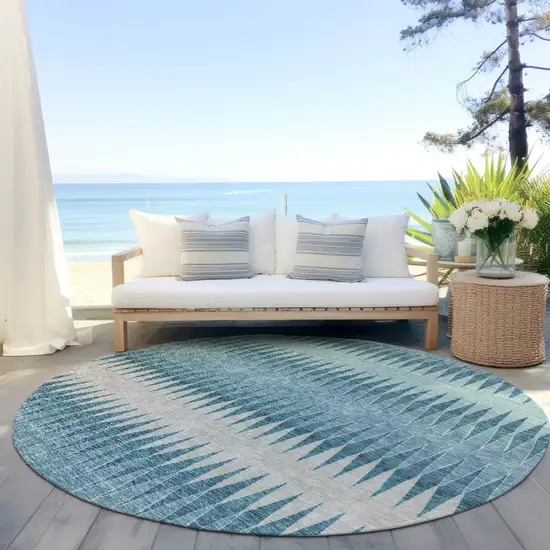 8' Teal Blue Aqua And Ivory Round Striped Washable Indoor Outdoor Area Rug Photo 6