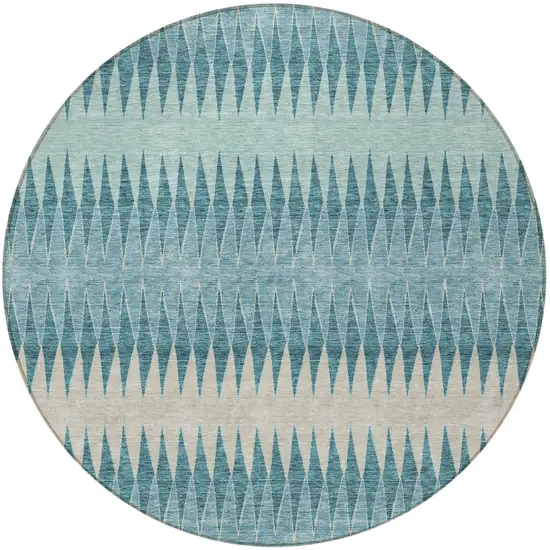 8' Teal Blue Aqua And Ivory Round Striped Washable Indoor Outdoor Area Rug Photo 5