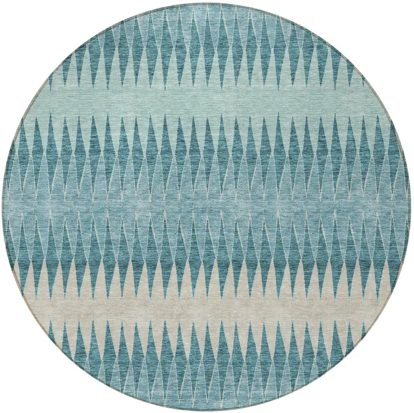 8' Teal Blue Aqua And Ivory Round Striped Washable Indoor Outdoor Area Rug Photo 5