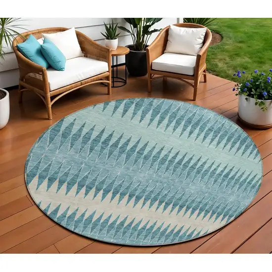 8' Teal Blue Aqua And Ivory Round Striped Washable Indoor Outdoor Area Rug Photo 1