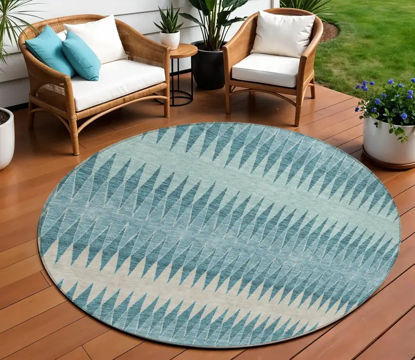 8' Teal Blue Aqua And Ivory Round Striped Washable Indoor Outdoor Area Rug Photo 1