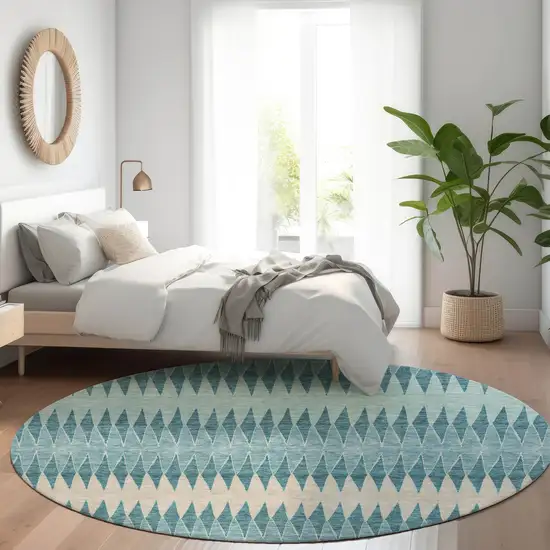 8' Teal Blue Aqua And Ivory Round Striped Washable Indoor Outdoor Area Rug Photo 7