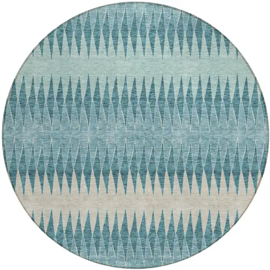 8' Teal Blue Aqua And Ivory Round Striped Washable Indoor Outdoor Area Rug Photo 2