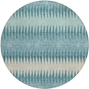 Photo of 8' Teal Blue Aqua And Ivory Round Striped Washable Indoor Outdoor Area Rug