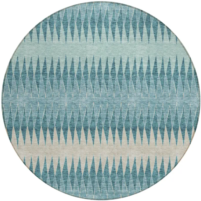 8' Teal Blue Aqua And Ivory Round Striped Washable Indoor Outdoor Area Rug Photo 2
