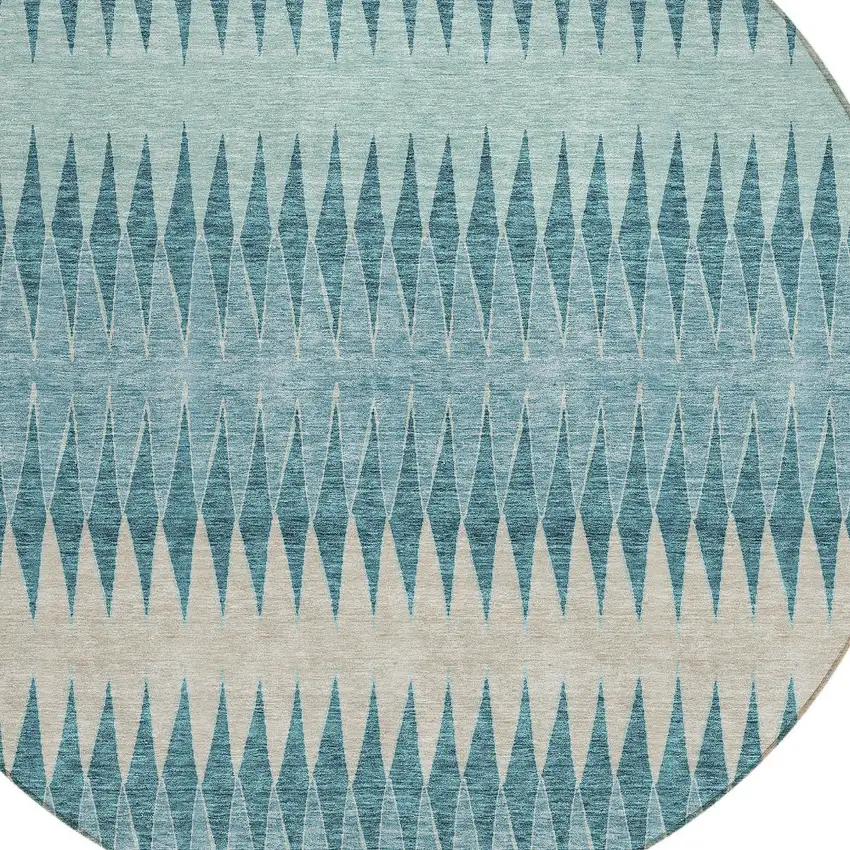 8' Teal Blue Aqua And Ivory Round Striped Washable Indoor Outdoor Area Rug Photo 4