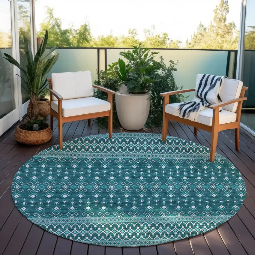 8' Teal Blue Aqua And Ivory Round Tribal Washable Indoor Outdoor Area Rug Photo 6