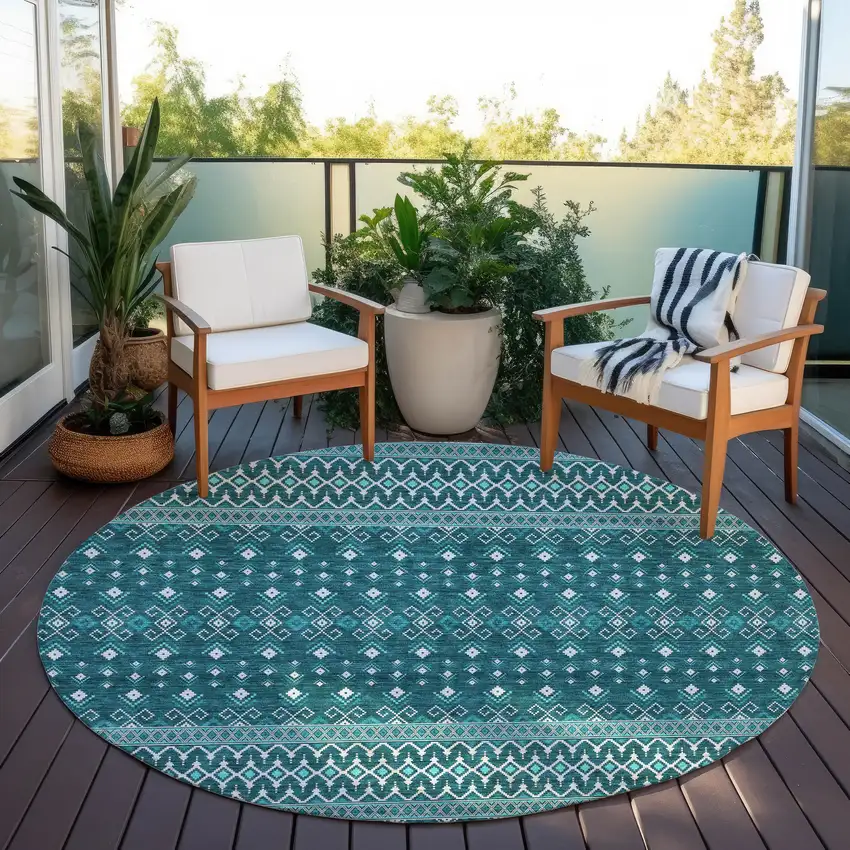 8' Teal Blue Aqua And Ivory Round Tribal Washable Indoor Outdoor Area Rug Photo 6