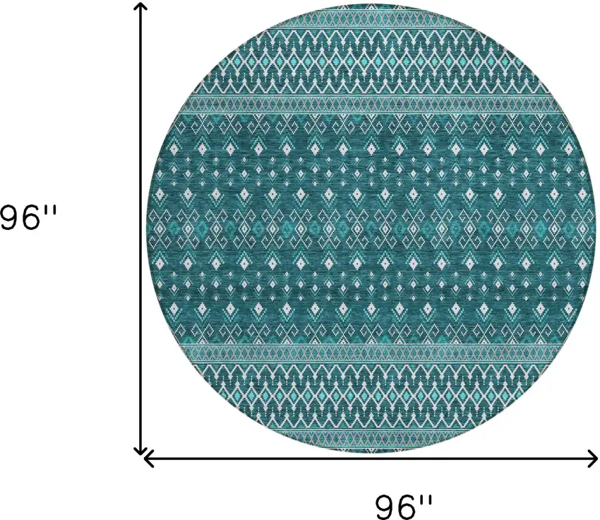 8' Teal Blue Aqua And Ivory Round Tribal Washable Indoor Outdoor Area Rug Photo 8