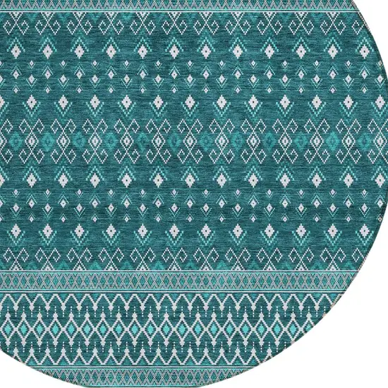 8' Teal Blue Aqua And Ivory Round Tribal Washable Indoor Outdoor Area Rug Photo 5