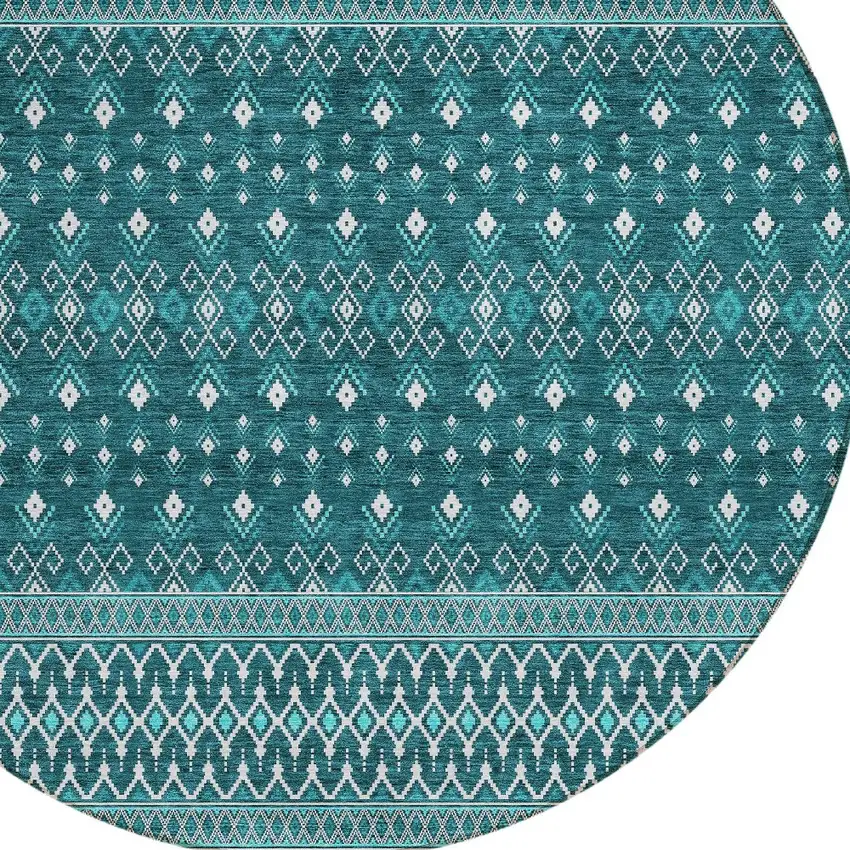8' Teal Blue Aqua And Ivory Round Tribal Washable Indoor Outdoor Area Rug Photo 5