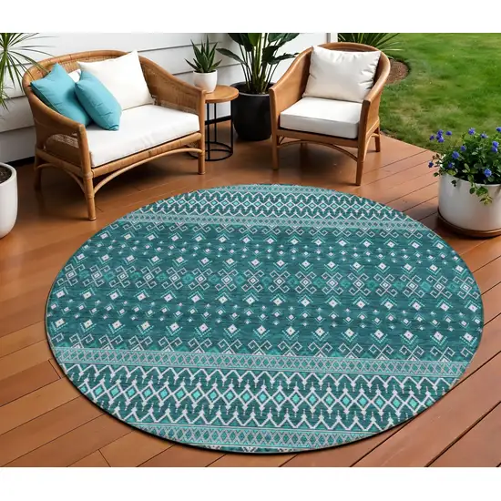 8' Teal Blue Aqua And Ivory Round Tribal Washable Indoor Outdoor Area Rug Photo 1