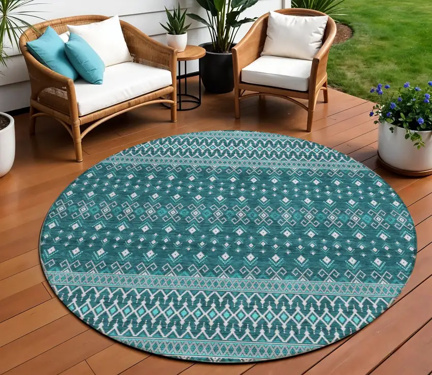 8' Teal Blue Aqua And Ivory Round Tribal Washable Indoor Outdoor Area Rug Photo 1