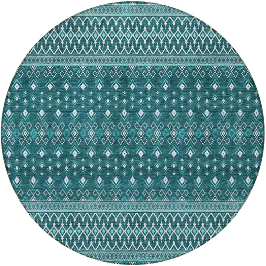 8' Teal Blue Aqua And Ivory Round Tribal Washable Indoor Outdoor Area Rug Photo 2