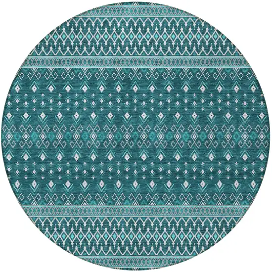 8' Teal Blue Aqua And Ivory Round Tribal Washable Indoor Outdoor Area Rug Photo 2