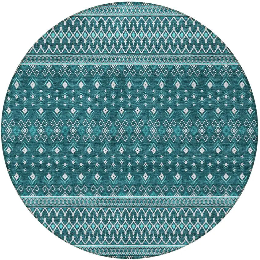 8' Teal Blue Aqua And Ivory Round Tribal Washable Indoor Outdoor Area Rug Photo 2