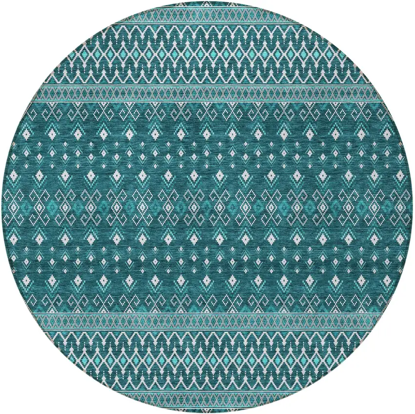 8' Teal Blue Aqua And Ivory Round Tribal Washable Indoor Outdoor Area Rug Photo 2