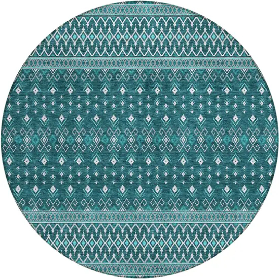 8' Teal Blue Aqua And Ivory Round Tribal Washable Indoor Outdoor Area Rug Photo 1