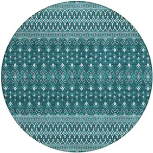 Photo of 8' Teal Blue Aqua And Ivory Round Tribal Washable Indoor Outdoor Area Rug