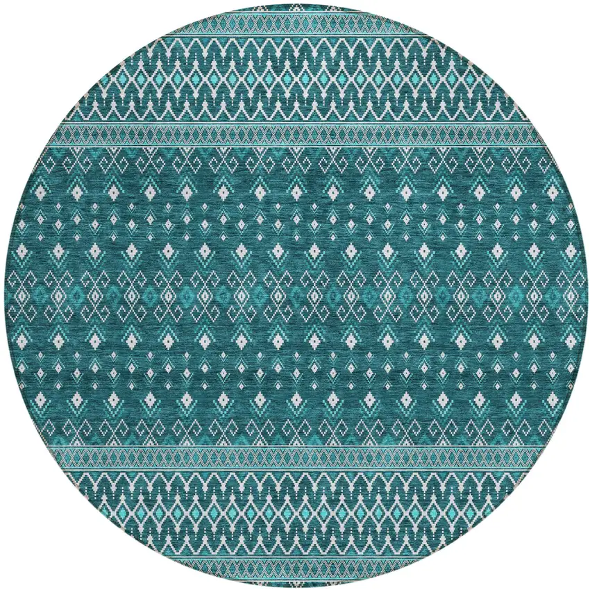 8' Teal Blue Aqua And Ivory Round Tribal Washable Indoor Outdoor Area Rug Photo 1