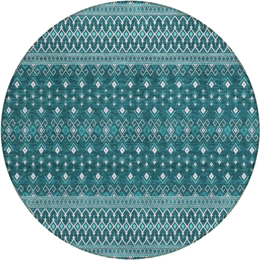 8' Teal Blue Aqua And Ivory Round Tribal Washable Indoor Outdoor Area Rug Photo 1