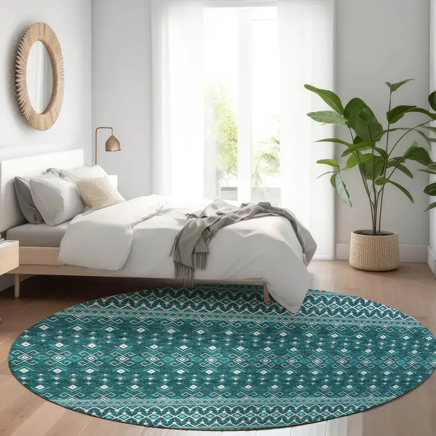 8' Teal Blue Aqua And Ivory Round Tribal Washable Indoor Outdoor Area Rug Photo 7