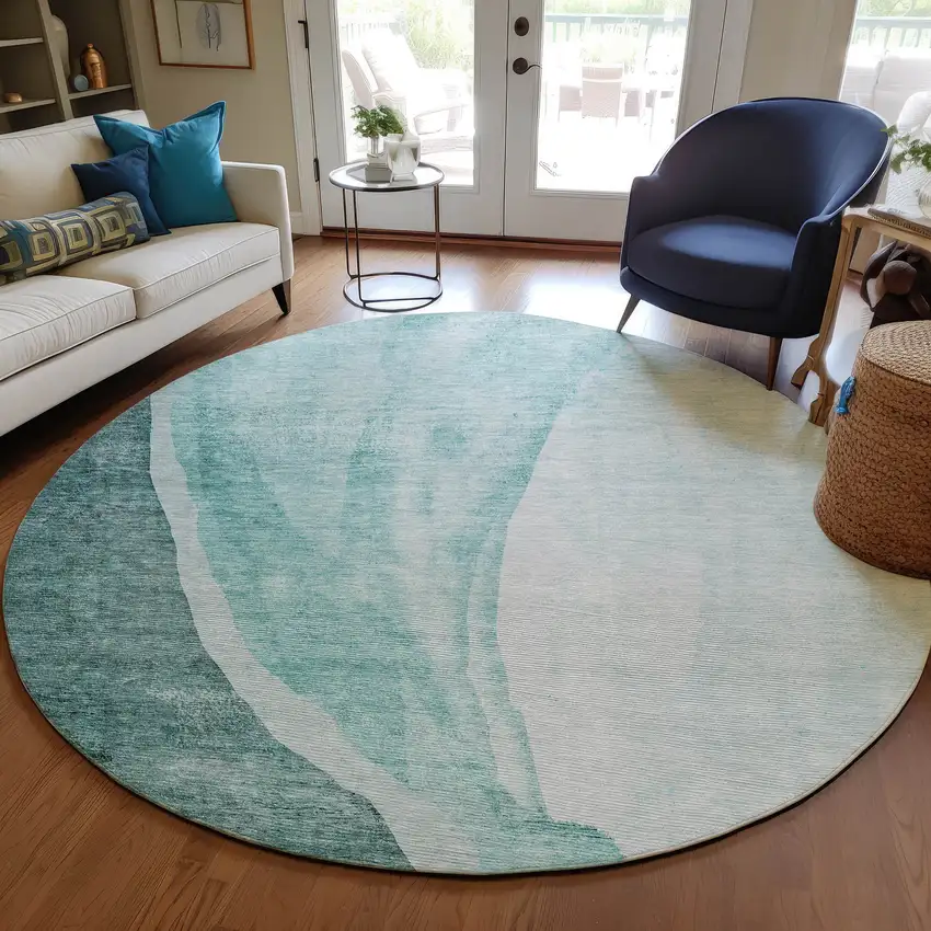 8' Teal Blue Aqua And Mint Green Round Abstract Washable Indoor Outdoor Area Rug Photo 8