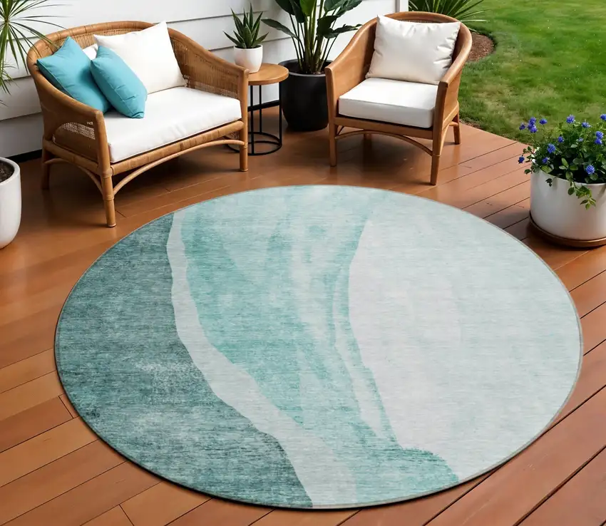 8' Teal Blue Aqua And Mint Green Round Abstract Washable Indoor Outdoor Area Rug Photo 1