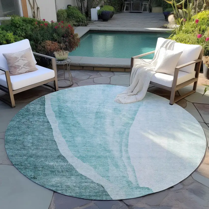 8' Teal Blue Aqua And Mint Green Round Abstract Washable Indoor Outdoor Area Rug Photo 7