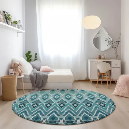 8' Teal Blue Aqua And Mint Green Round Southwestern Washable Indoor Outdoor Area Rug Photo 8