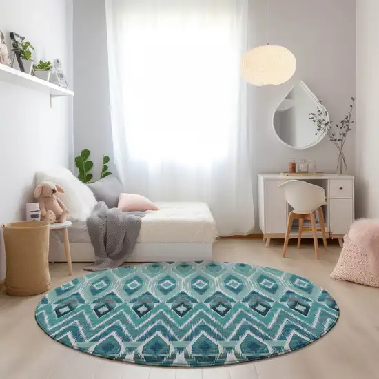 8' Teal Blue Aqua And Mint Green Round Southwestern Washable Indoor Outdoor Area Rug Photo 8
