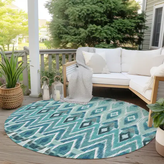 8' Teal Blue Aqua And Mint Green Round Southwestern Washable Indoor Outdoor Area Rug Photo 7