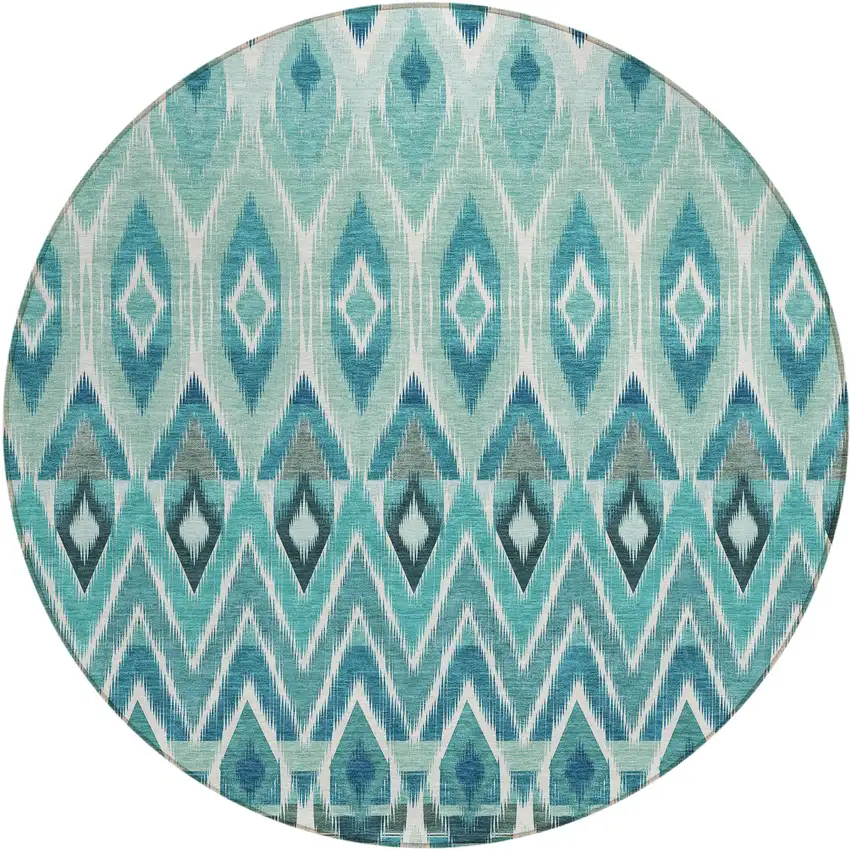 8' Teal Blue Aqua And Mint Green Round Southwestern Washable Indoor Outdoor Area Rug Photo 2