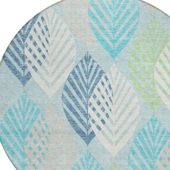 8' Teal Blue Aqua And Navy Blue Round Floral Washable Indoor Outdoor Area Rug Photo 4