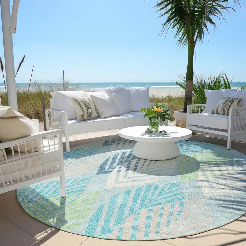 8' Teal Blue Aqua And Navy Blue Round Floral Washable Indoor Outdoor Area Rug Photo 8