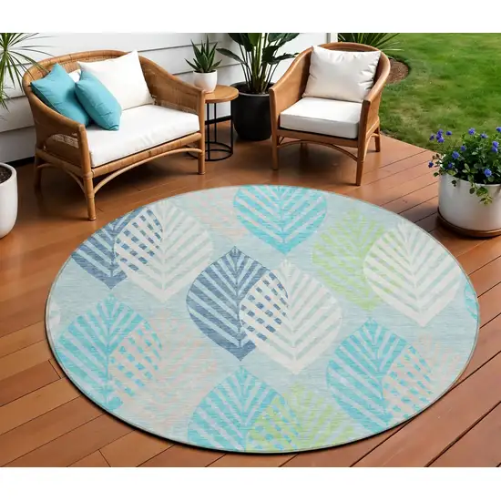 8' Teal Blue Aqua And Navy Blue Round Floral Washable Indoor Outdoor Area Rug Photo 1