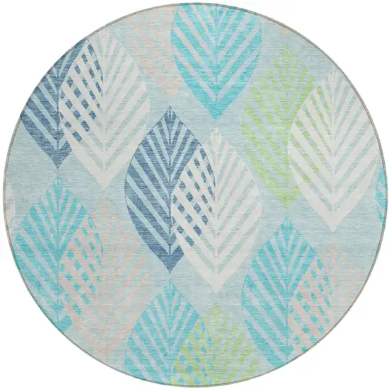 8' Teal Blue Aqua And Navy Blue Round Floral Washable Indoor Outdoor Area Rug Photo 2