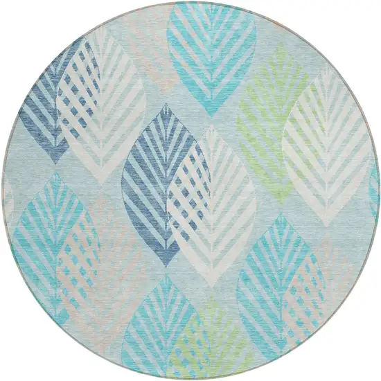 8' Teal Blue Aqua And Navy Blue Round Floral Washable Indoor Outdoor Area Rug Photo 2