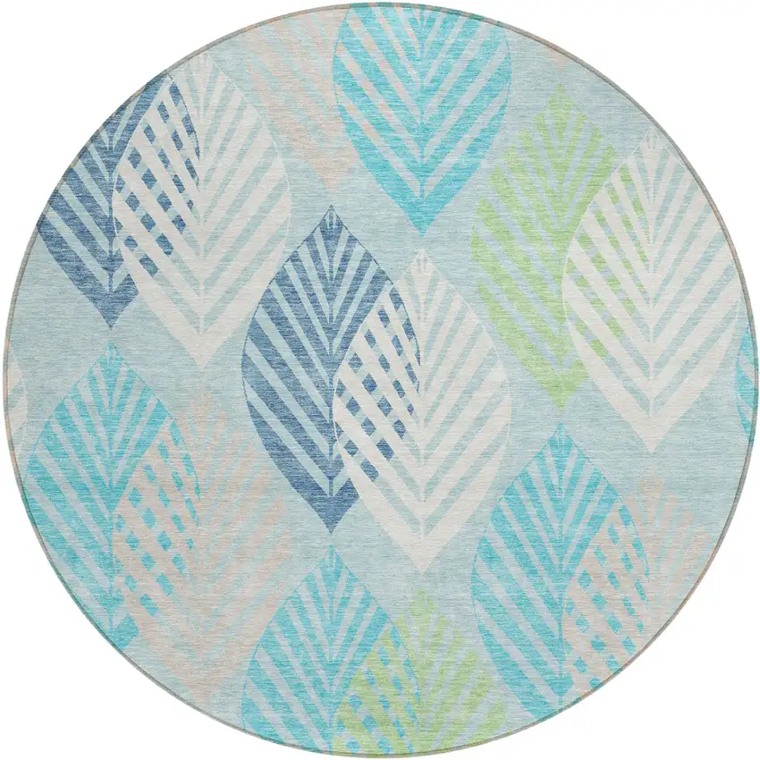 8' Teal Blue Aqua And Navy Blue Round Floral Washable Indoor Outdoor Area Rug Photo 2
