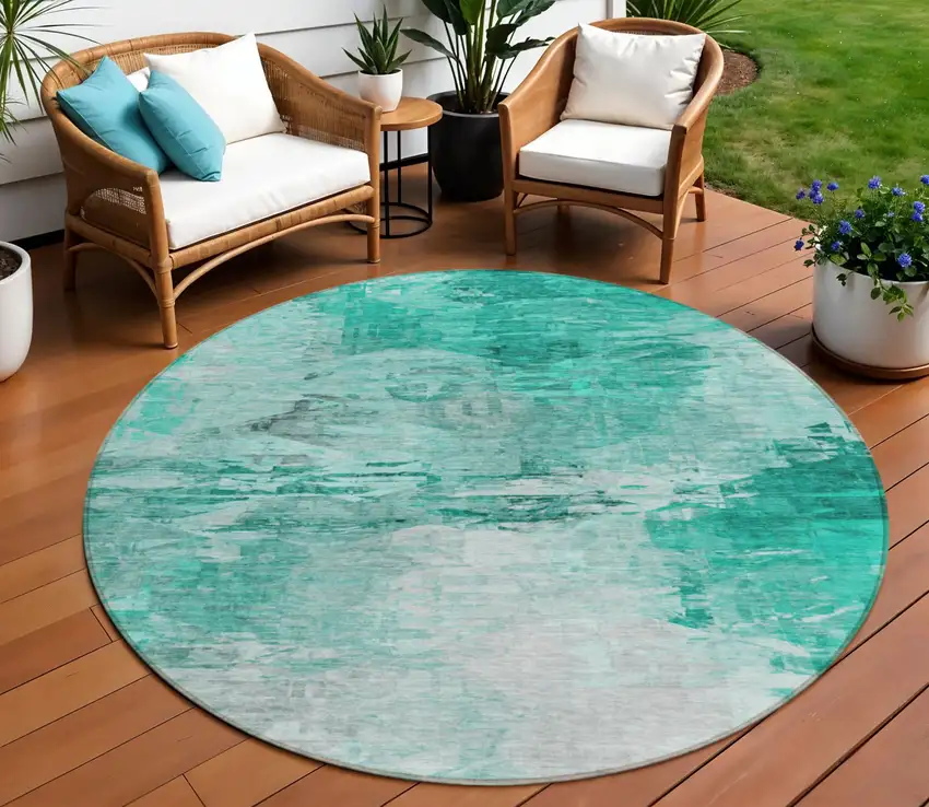 8' Teal Blue Aqua And Silver Round Abstract Washable Indoor Outdoor Area Rug Photo 1