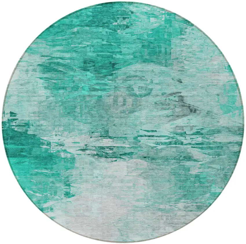 8' Teal Blue Aqua And Silver Round Abstract Washable Indoor Outdoor Area Rug Photo 4