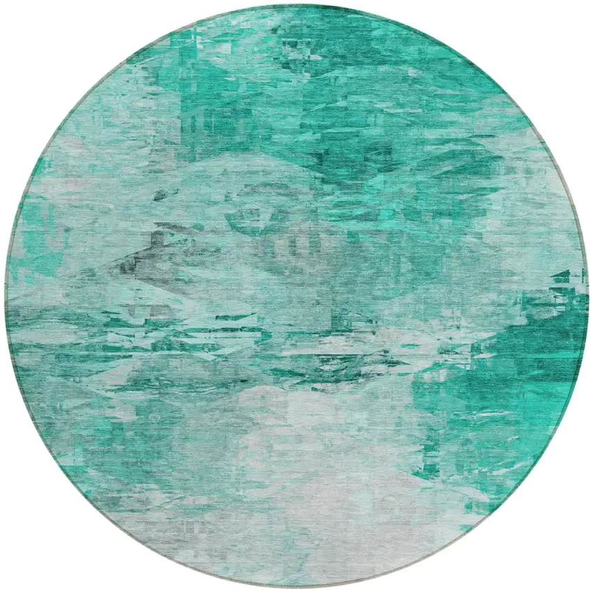 8' Teal Blue Aqua And Silver Round Abstract Washable Indoor Outdoor Area Rug Photo 2